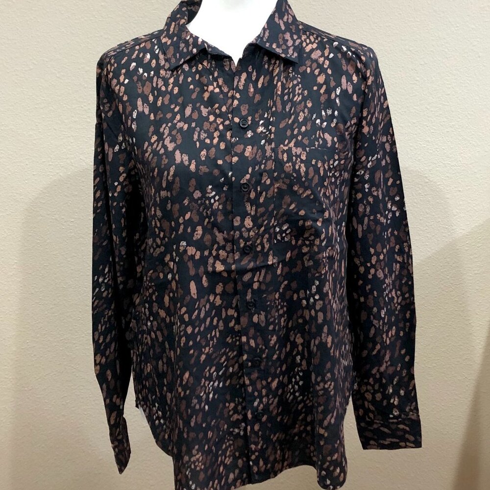 BEACHLUNCHLOUNGE Long Sleeve Button Up Shirt Rayon Dalmatian Print Size S